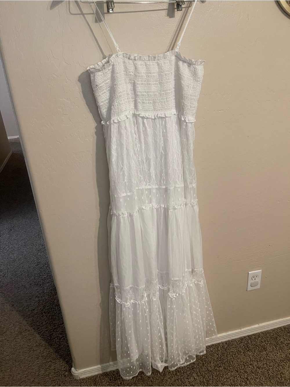 White Smocked Tiered Maxi Dress with Delicate Dot Mesh